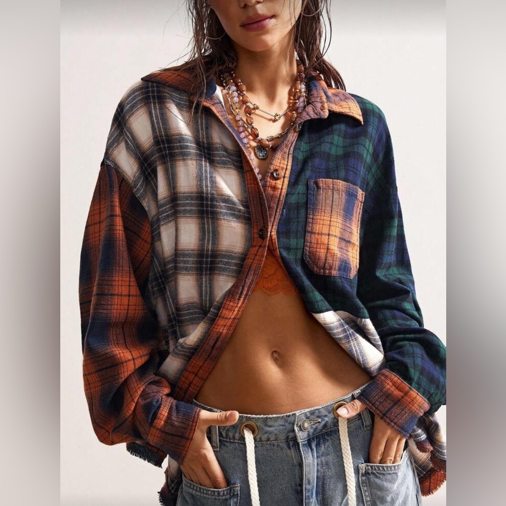 Plaid Patchwork Button-Up Shirt NWT - image 1